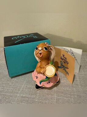 Pendelfin Rabbit Figurine Rosa Pink Dress Tambourine with Box EUC